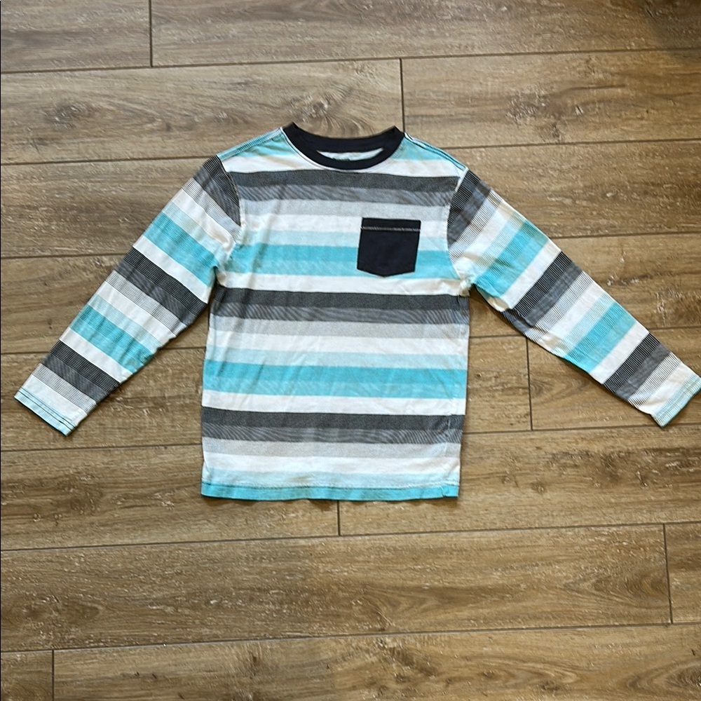 NWOT Gymboree Striped Long Sleeve Boys Shirt - Blue, Gray, White Size L 10-12